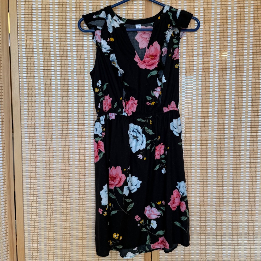 Old Navy‎ Womens Black Floral Ruffle V-Neck Modal Mini Dress S Cottagecore Fairy